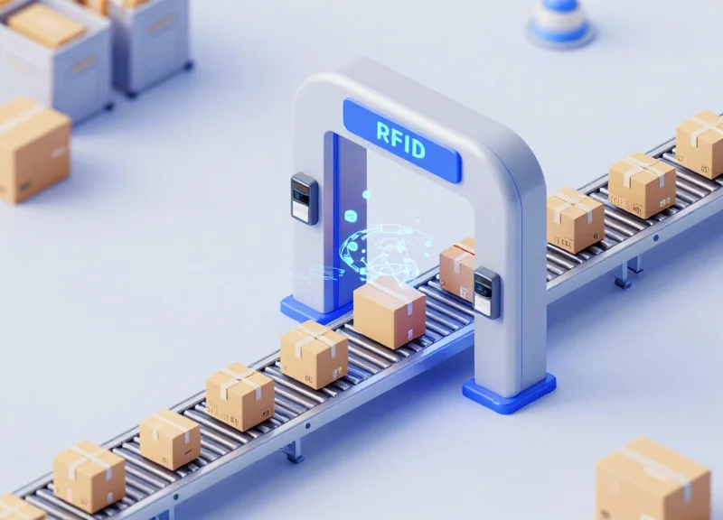 An isometric 3D illustration of a modern logistics hub featuring a futuristic RFID scanning portal with packages on a conveyor belt and glowing digital connection points.