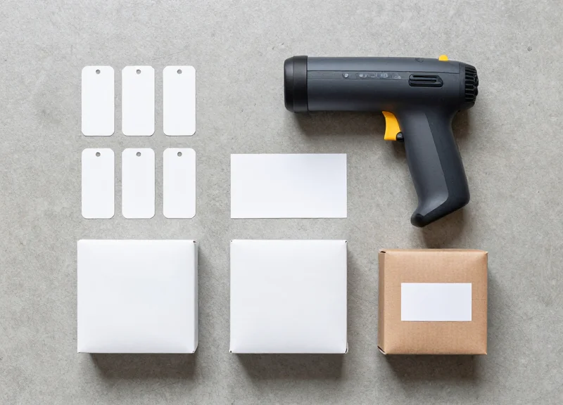 Neatly arranged logistics and inventory management tools including RFID tags and handheld scanners