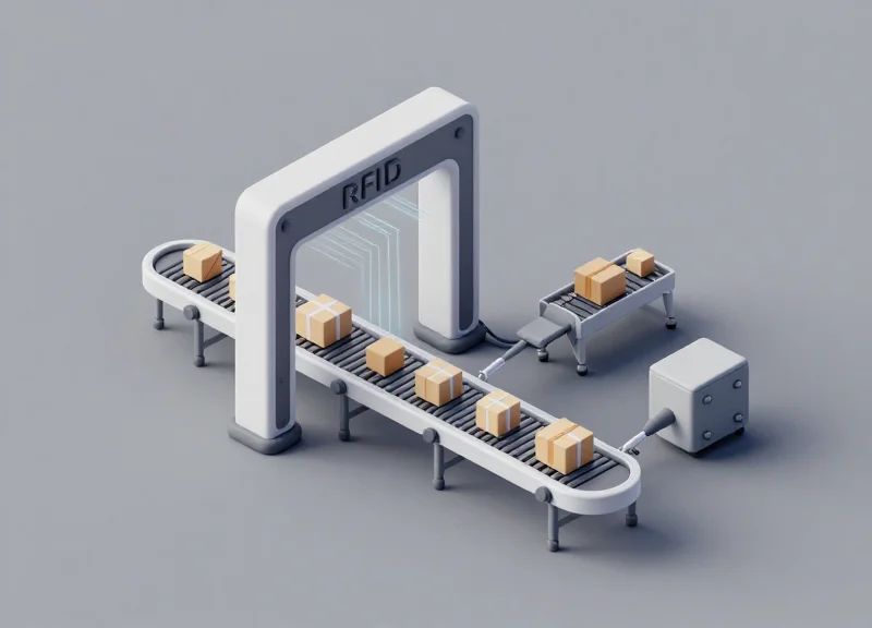 A modern isometric 3D illustration of a factory logistics line featuring a high-tech RFID portal gateway scanning packages on a conveyor belt with glowing light effects.