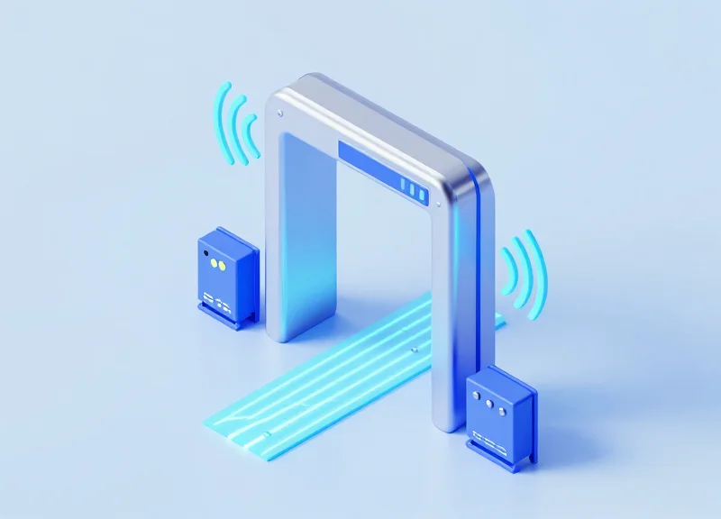 An isometric 3D illustration of a modern warehouse RFID portal with glowing directional signal waves and modular sensors on a clean blue background.