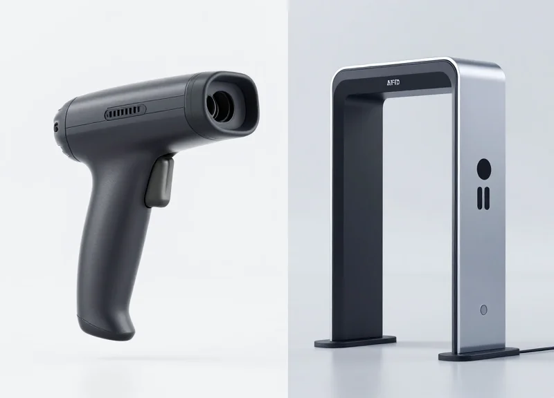 A side-by-side comparison between a traditional handheld barcode scanner and a modern automated RFID portal gateway.