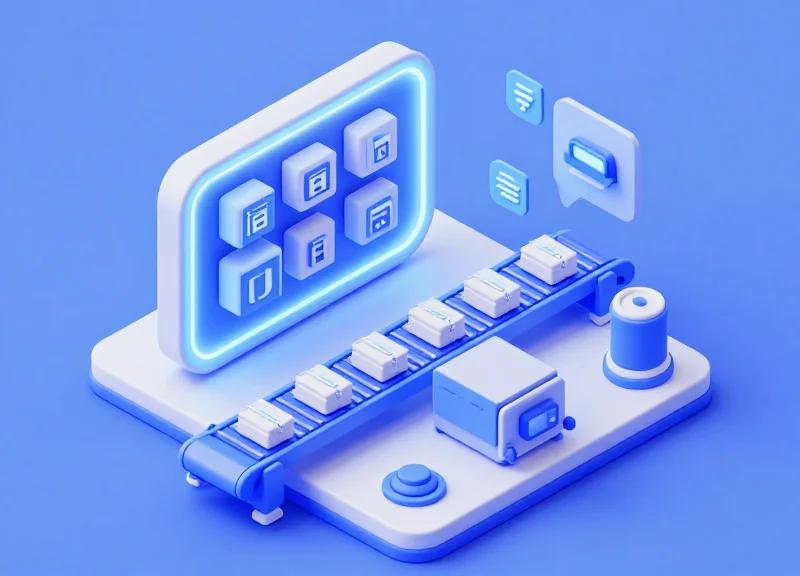 Isometric 3D illustration of an advanced AI-driven RFID warehouse portal showing goods passing through a digital frame.