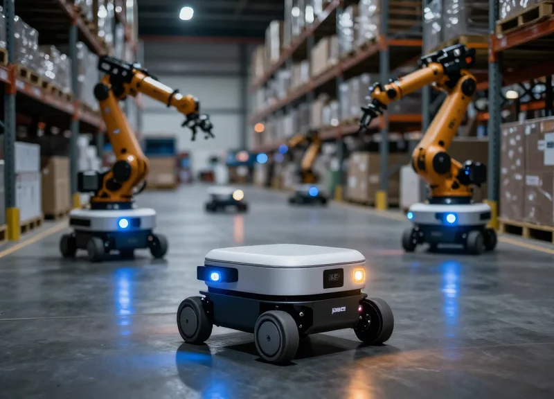 Autonomous mobile robots navigating a high-tech warehouse with glowing sensors and cinematic lighting.