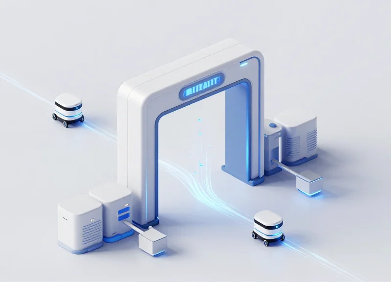 An isometric 3D illustration of a modern warehouse featuring an RFID scanning portal gate with glowing data lines and small autonomous robots.