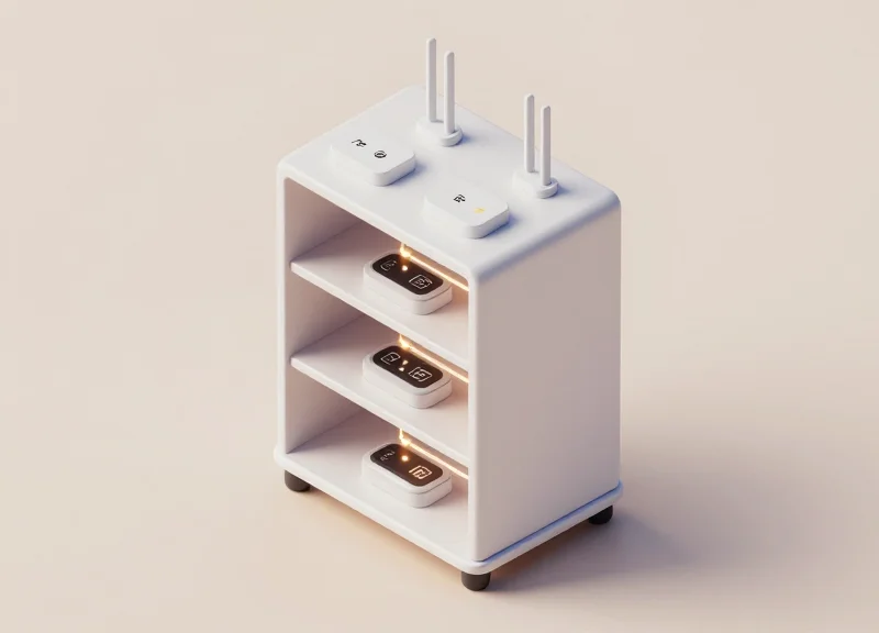 Isometric 3D illustration of a modular smart retail shelving unit showing internal layers of sensors and antennas.