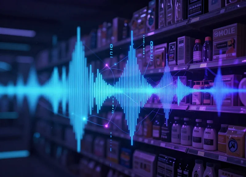 Abstract visualization of RFID signals and waves around retail products.