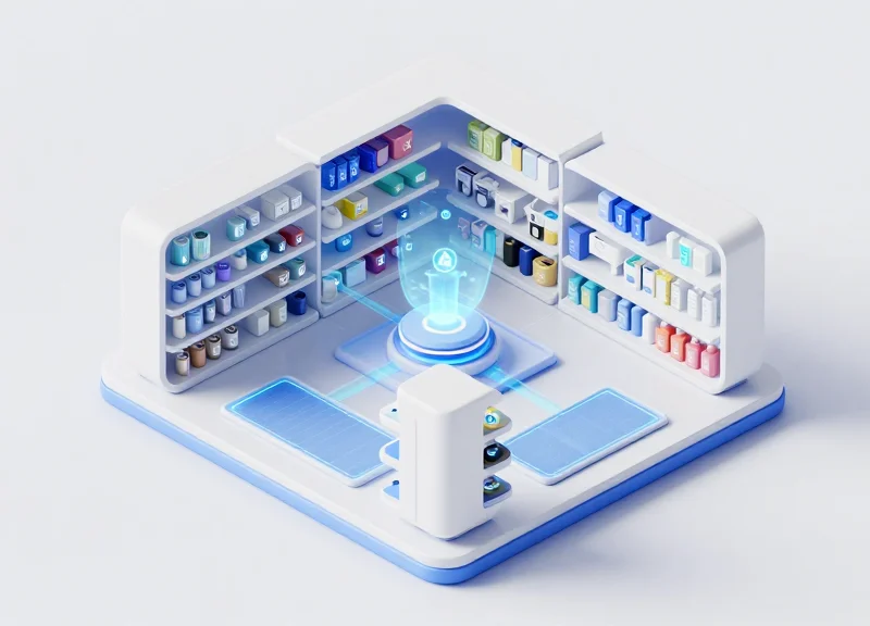 An isometric 3D illustration of a modern smart retail shelf with highlighted sensor layers, RFID tags on products, and glowing data connection lines.