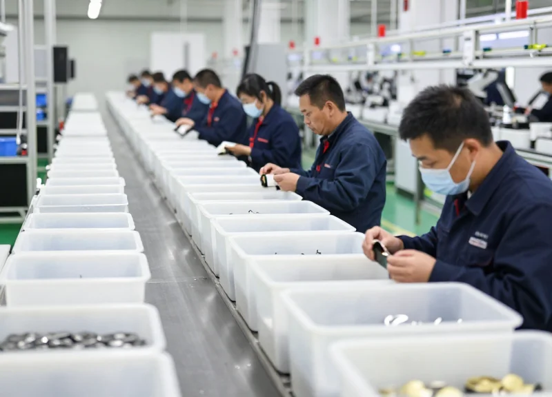 Modern factory assembly line with organized parts bins and workers in a lean manufacturing setting.