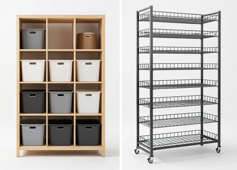 Comparison between a cluttered traditional storage rack and an organized modern gravity rack system.