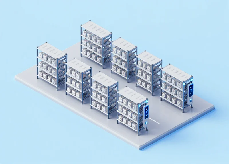 An isometric 3D model of a smart warehouse line-side rack system showing gravity-fed shelves and integrated glowing RFID sensor nodes.