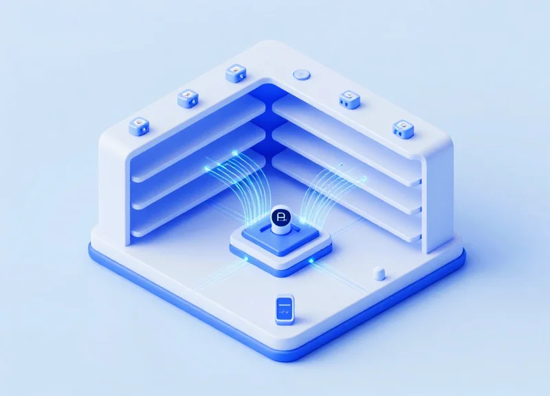 An isometric 3D illustration of a smart retail shelf with gravity sensors and RFID modules connected by glowing data streams representing middleware synchronization.