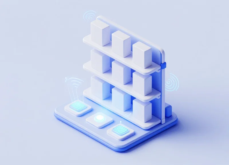 An isometric 3D illustration of a futuristic retail shelf showing glowing RFID signal waves and integrated weight-sensing base plates under products, connected by light trails.