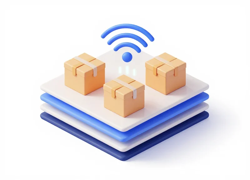 3D isometric model showing RFID radio waves penetrating through stacks of clothing boxes