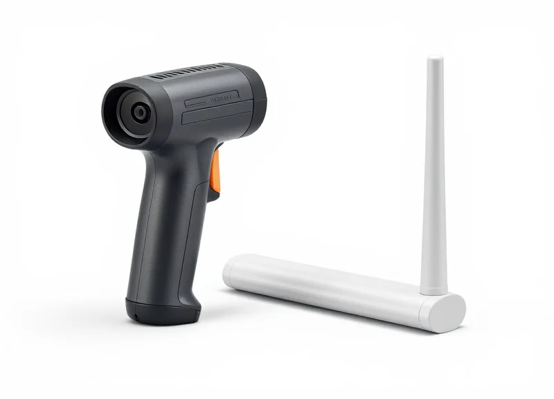 High-end industrial RFID handheld scanner and antenna gate on a white background