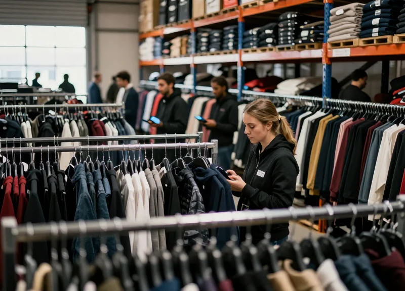 Busy high-density retail fashion warehouse with clothing racks and workers