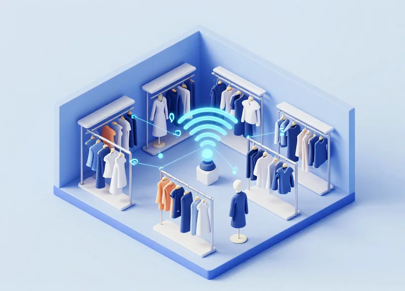 An isometric 3D illustration of a modern fashion retail store with clothing racks and glowing digital data streams representing efficient RFID scanning.