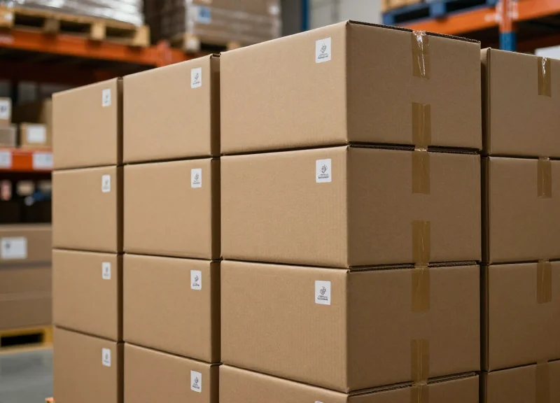 A high-density stack of warehouse boxes with RFID tags visible on the sides, illustrating signal density challenges.