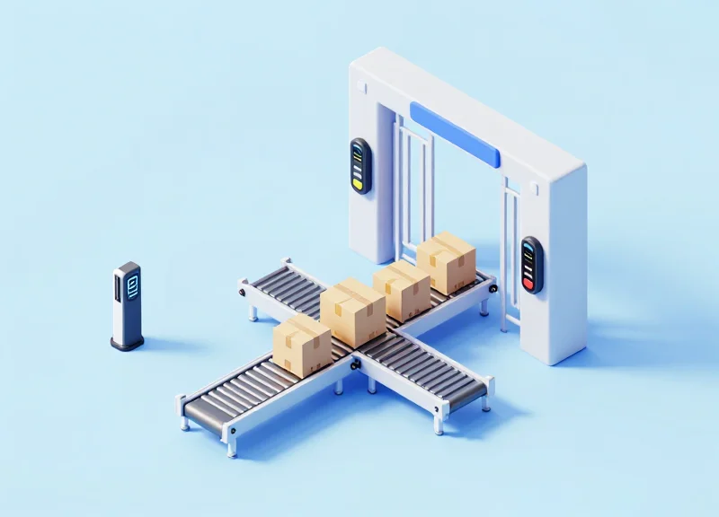 Isometric 3D view of an RFID gate portal setup in a logistics environment.