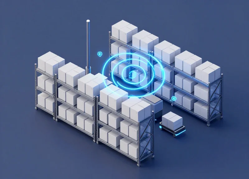 An isometric 3D illustration of organized high-density inventory stacks with glowing blue signal waves representing an optimized RFID scanning environment.