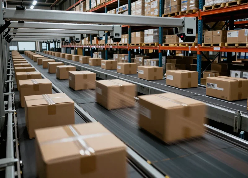 Fast-paced automated logistics warehouse with motion blur on conveyor belts