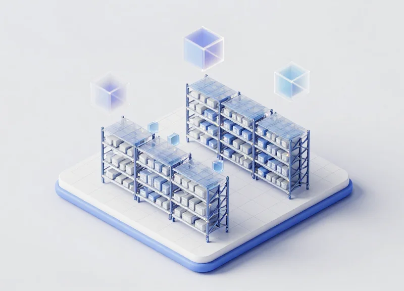 Isometric 3D view of a warehouse with 3D tracking coordinates over assets