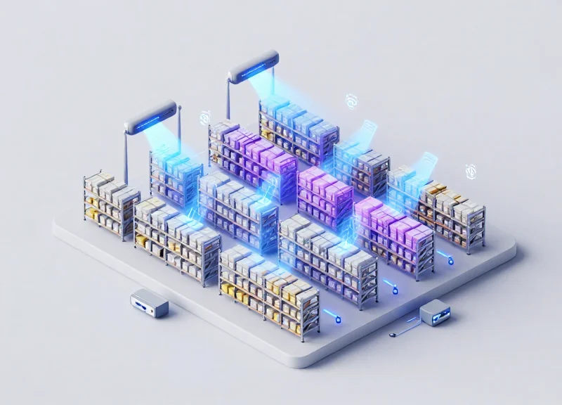 An isometric 3D illustration of a futuristic smart warehouse with organized racks and glowing digital light beams representing AI-driven RFID beamforming technology.