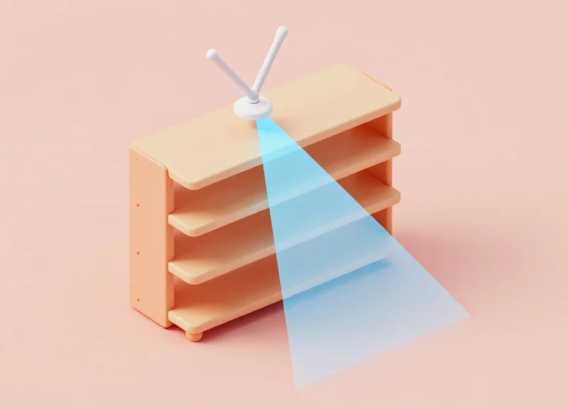 Isometric 3D illustration of a retail shelving unit with a focused translucent blue light cone from a ceiling antenna representing precision beamwidth.