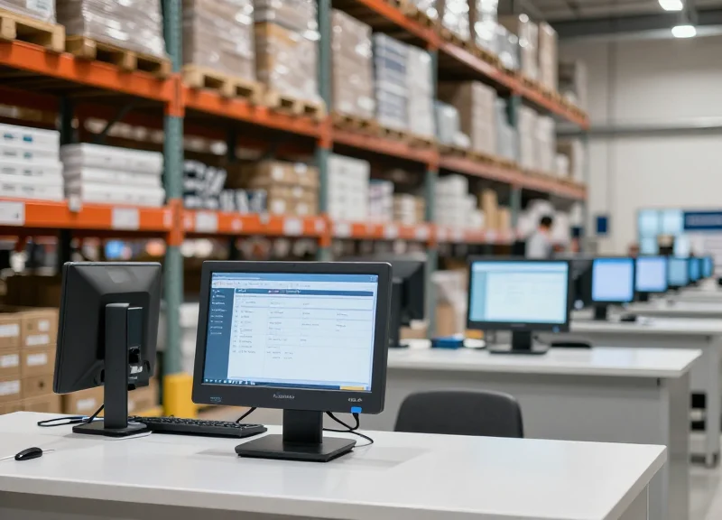 A high-tech retail warehouse operations center with modern equipment and a clean industrial design.