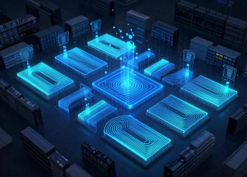Abstract 3D visualization of precise RFID signal boundaries in a retail environment using glowing blue light zones and data nodes to show controlled coverage.