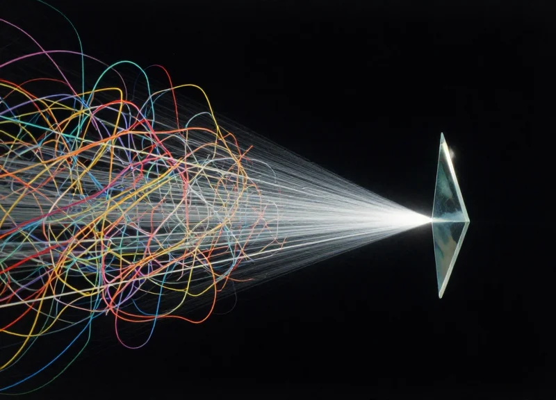 Abstract representation of messy, overlapping radio waves being filtered into a single, focused beam of light.