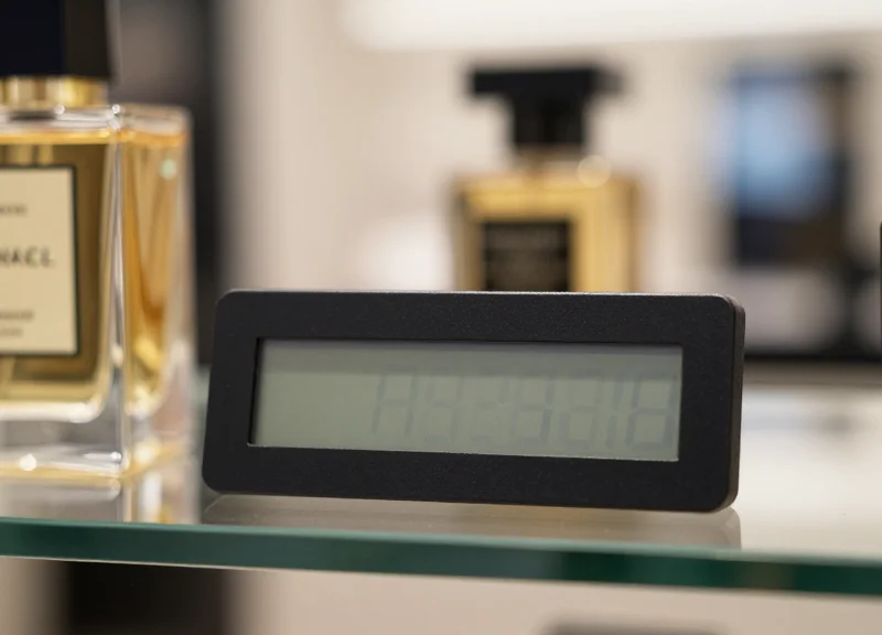 A close-up shot of an Electronic Shelf Label (ESL) next to a luxury product with a blurred store background.