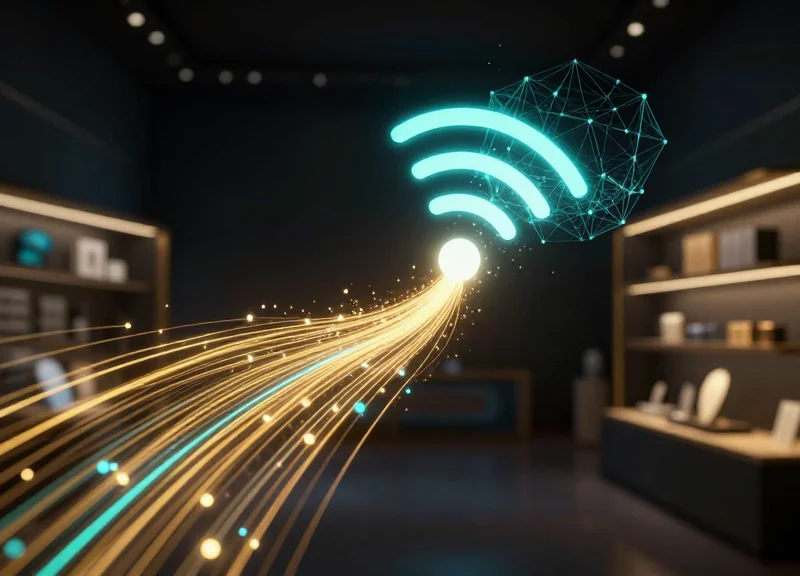Abstract digital visualization of glowing golden and blue signal waves and interconnected nodes representing high-precision RFID tracking in a sophisticated environment.