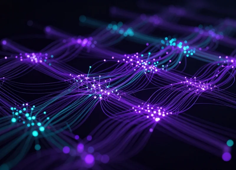 Abstract digital visualization of AI neural networks optimizing radio frequency waves.