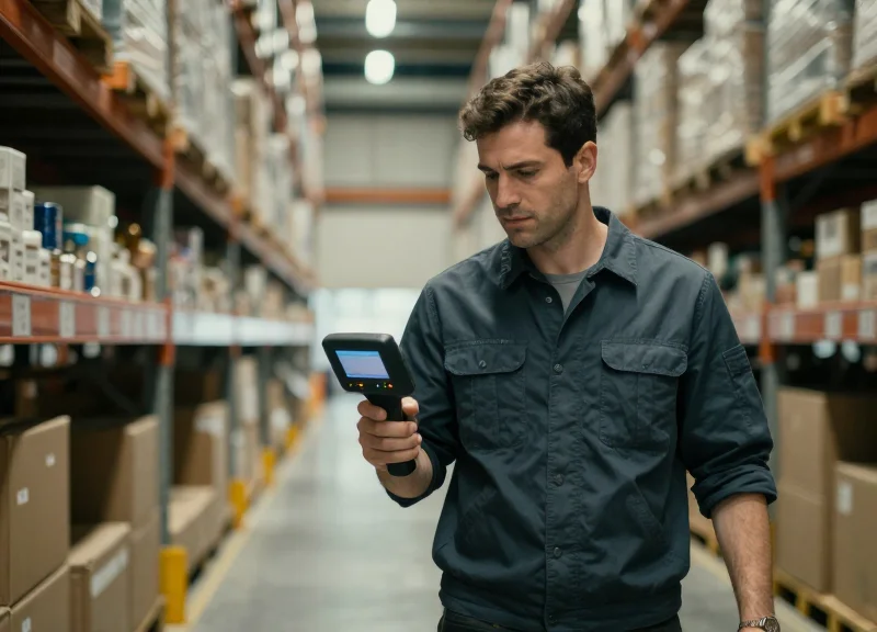 An engineer using a handheld RF scanner in a large modern warehouse environment.