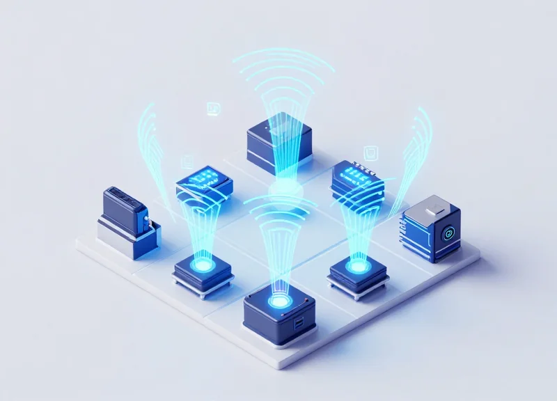 An isometric 3D scene showing a modern technical setup with glowing blue signal zones and directional beams representing RFID field calibration.
