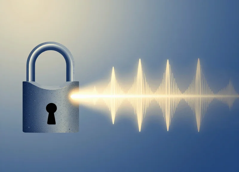 Abstract transition from heavy physical locks to glowing digital security waves
