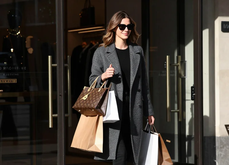 A happy shopper walking freely through a store exit