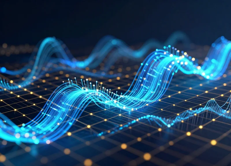 An abstract representation of futuristic security technology featuring glowing blue and gold digital waves and interconnected data nodes on a dark background.