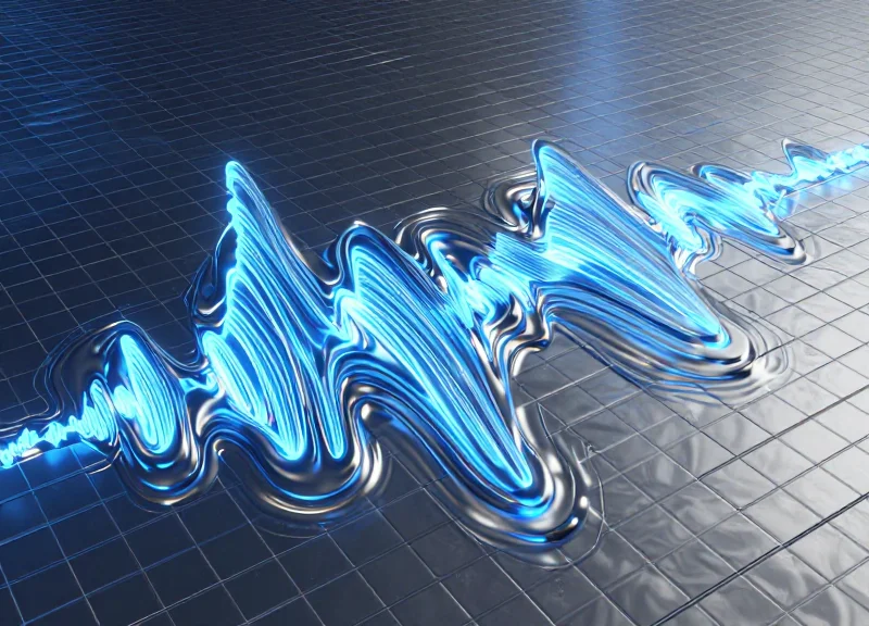 Abstract representation of radio frequency waves bouncing off a metallic grid surface.