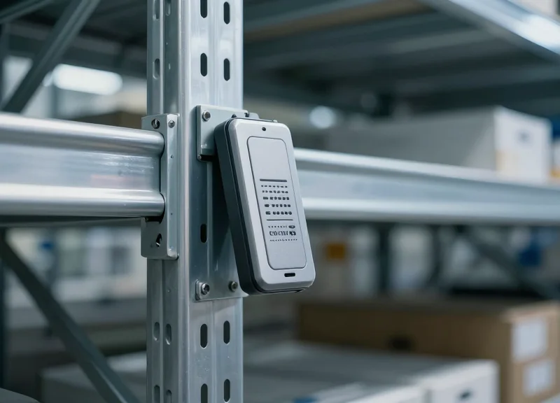 A close-up shot of a rugged industrial RFID tag mounted on a silver metallic warehouse rack beam, with a blurred background of organized shelving.