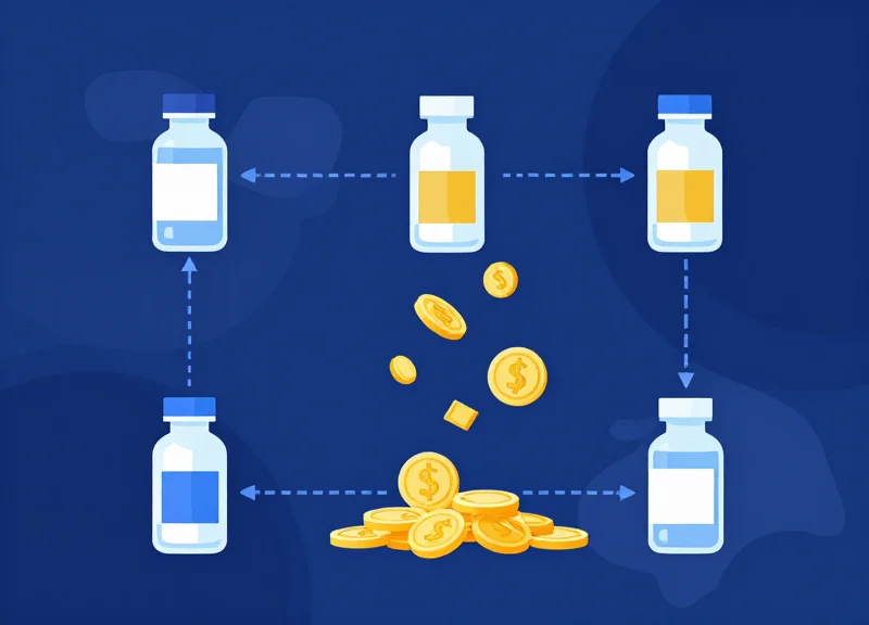 Metaphorical illustration of financial value leaking from a chain of pharmaceutical supply boxes.