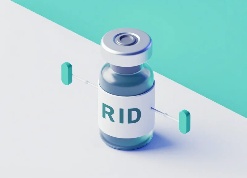 Isometric view of specialized RFID shielding technology applied to liquid vials.