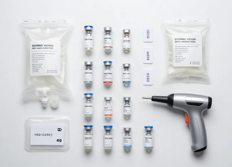 Neatly arranged collection of RFID hardware and tagged pharmaceutical liquid containers.