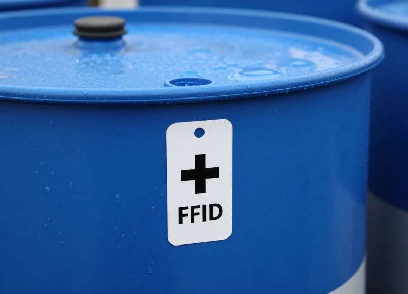 Close-up of an RFID tag attached to a large container of liquid.