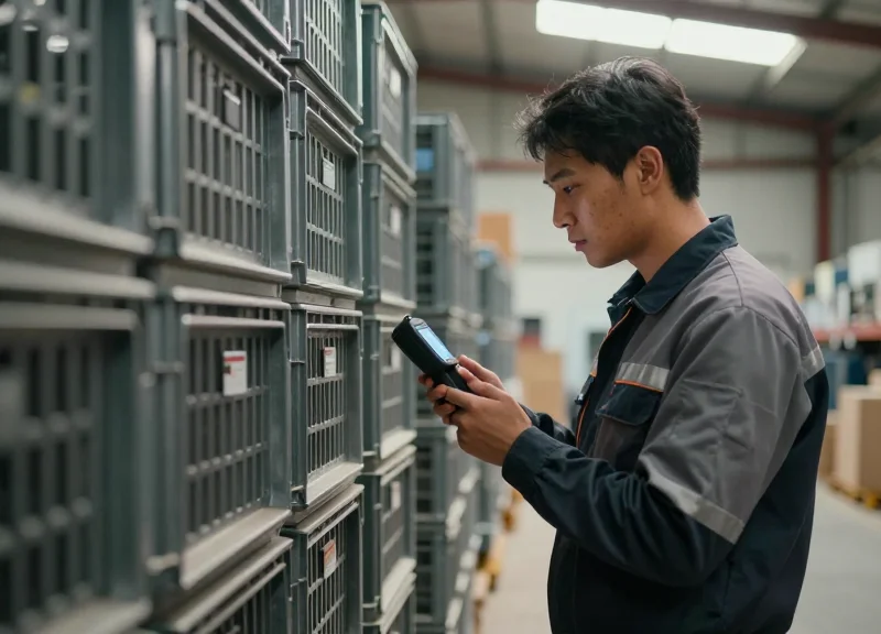 A technician scanning metal warehouse crates using a handheld long-range RFID reader.