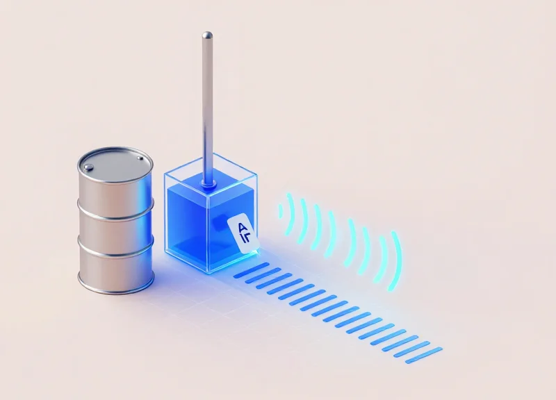 An isometric 3D illustration showing a modern RFID antenna mounted on a metal industrial container and a liquid-filled container, with glowing signal waves extending outwards across a measured grid.