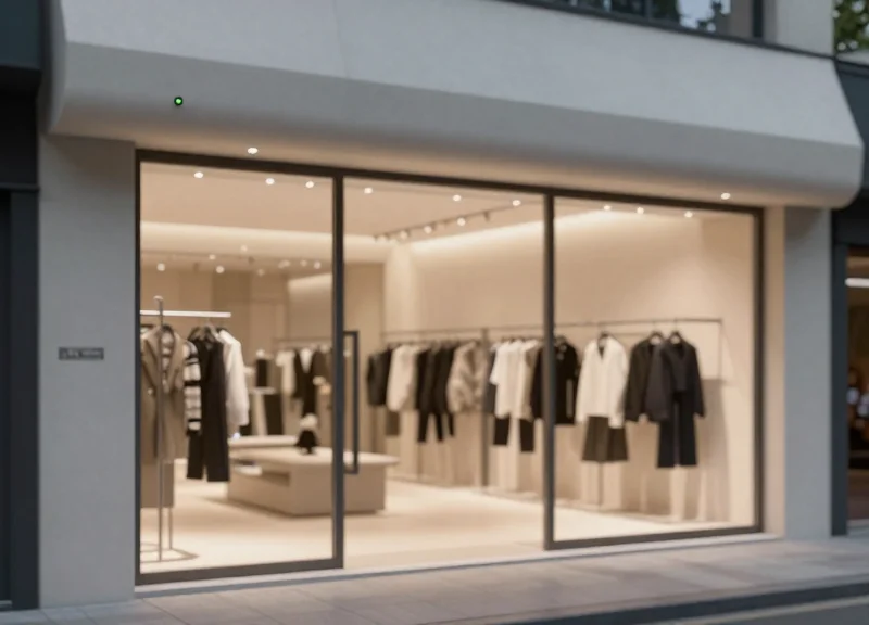 A modern high-end retail store entrance with sleek security sensors and cinematic lighting.