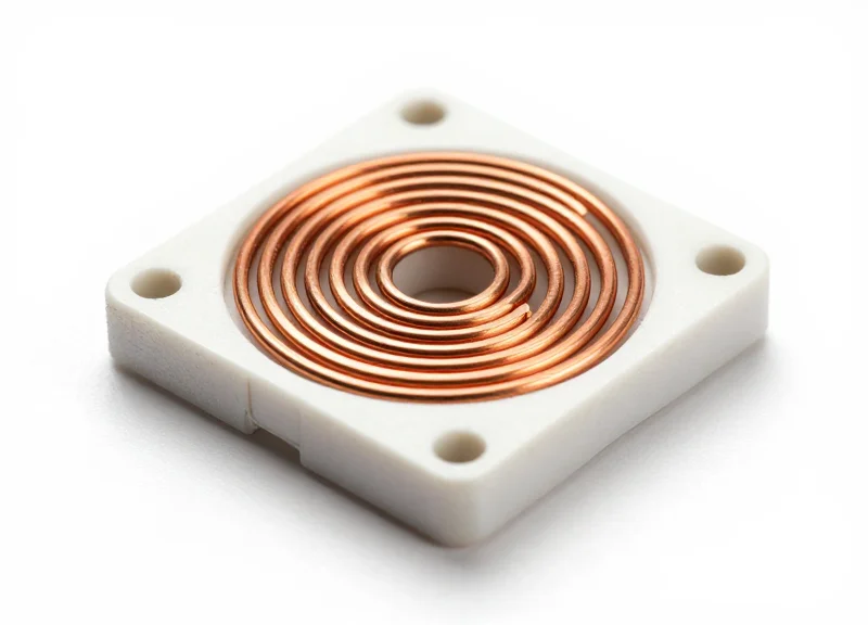 A close-up of a sophisticated RFID antenna module with intricate copper coil patterns.