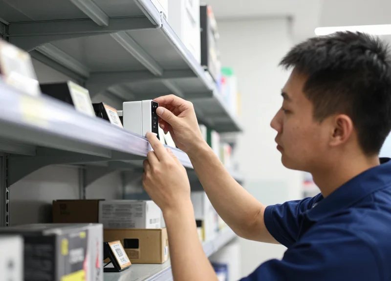 A technician installing a discreet RFID sensor on a metal shelf in a modern store.