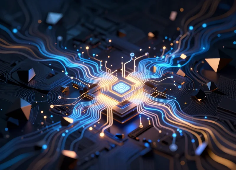 Abstract visualization of a high-tech RFID antenna emitting glowing electromagnetic signal waves through metallic geometric structures in a dark, futuristic environment.